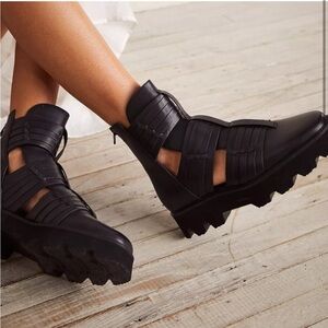 Free People Hydra Huarache Lug leather black caged boots